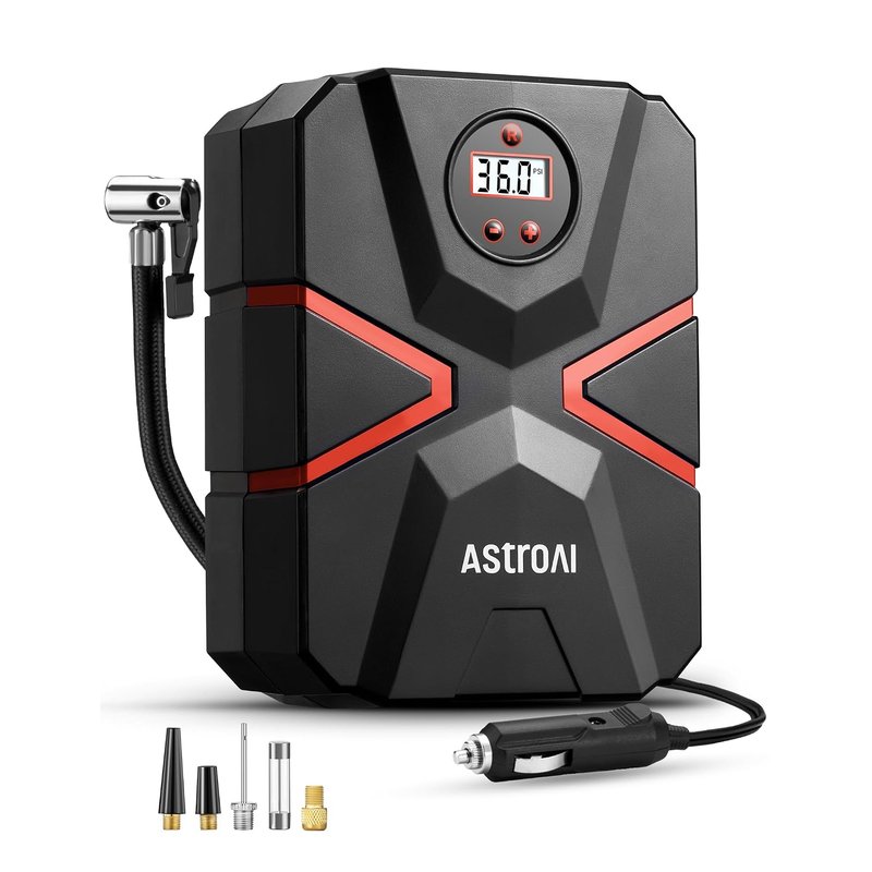 AstroAI Tyre Inflator Air Compressor 12V DC, Car Accessories Digital Tyre Pump 150 PSI, Preset Tyre Pressure & Auto Shutoff, Electric Tyre Pumps for Cars Motorcycles Bikes (Black&Red）