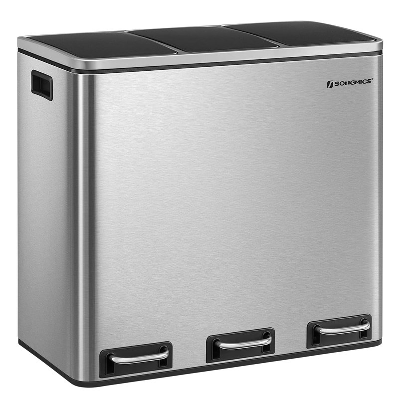 SONGMICS Kitchen Bin, 3 x 18 L Recycling Bin, 3 Compartment Rubbish Bin for Recycling and Waste, 15 Liners Included, Soft-Close Lids, Pedals, Inner Buckets, Steel, Metallic Silver LTB54NL