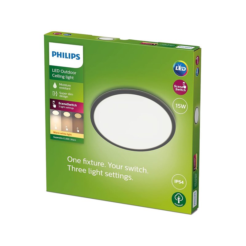 Philips LED SuperSlim Outdoor Ceiling Light 15W [Warm White - Black] Water Resistant IP54, For Garden, Patio and Terrace Lighting.