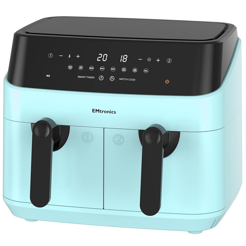 EMtronics EMAFDD9LAQ Dual Air Fryer Extra Large Family Size Double XL 9 Litre, 8 Adjustable Pre-Set Menus for Oil Free & Low Fat Healthy Cooking, Easy Clean Metal Interior, 99-Minute Timer - Aqua Blue
