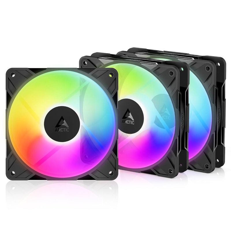 ARCTIC P12 Pro Reverse A-RGB – 3 Pack – 120 mm Premium Fan with Reverse Airflow, PWM Fan with Y cable splitter, 500-3000 rpm, 0 rpm <5% PWM, 5V Digital RGB, hydrodynamic bearing, 4-Pin - Black