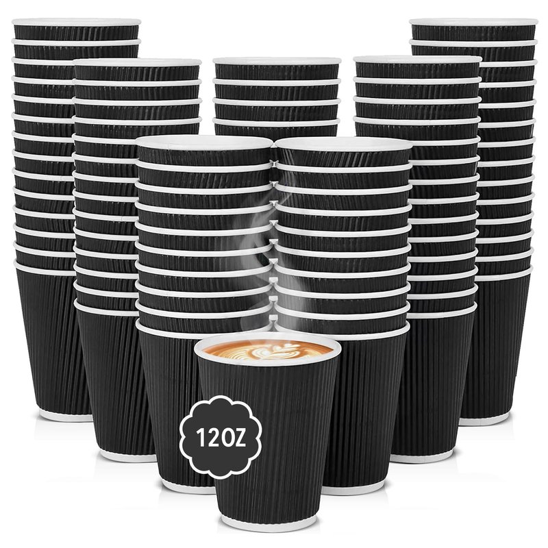 RAP Gloves 12oz Ripple Wall Disposable Paper Cups – 500 Count (20 Cups x 25 Packs) | Black | Heat-Resistant Paper Coffee Cups for Hot Beverages, Offices & Cafes