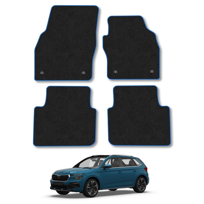 Skoda Kamiq (2017+) Car Mats Accessories Tailored Fit Carpet Floor Mats Non Slip Blue Trim Full Coverage Compatible Accessory Granulated Backing Front Rear Set Anti Slip Hand-Finished Clips