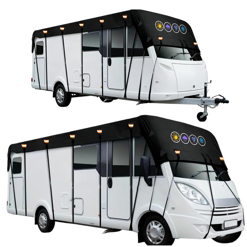 Hicover 600D Motorhome Cover Waterproof, Caravan Roof Cover Wind, Rain and Snow Proof Pop up Camper Caravan Truck Camper Cover Heavy Duty Rv Top Covers with reflective strips 5.5m*3m
