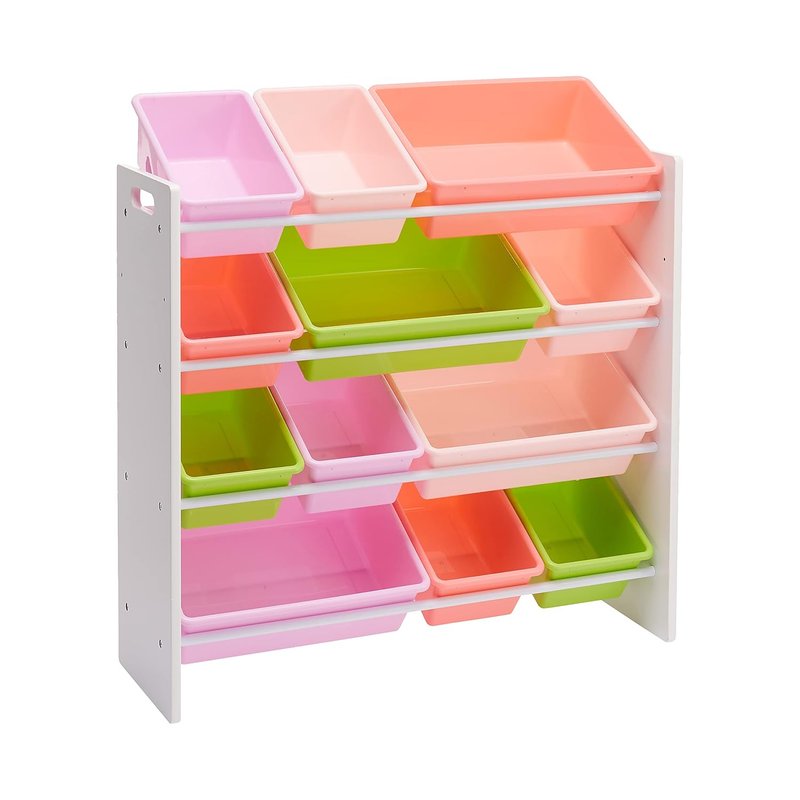 Amazon Basics Children's Toy Storage, Toy Organiser with 12 Plastic Containers, White Wood with Pink Containers, 27.7 x 85.3 x 79 cm