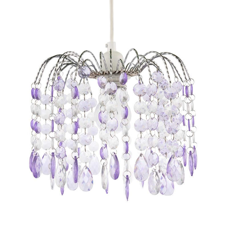Contemporary Waterfall Designed Pendant Light Shade with Lilac and Clear Acrylic Droplets - Chrome Plated Metal Frame by Happy Homewares