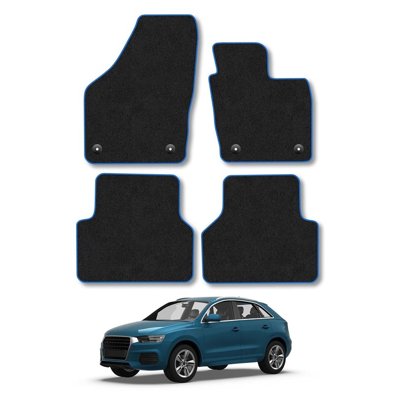 Audi Q3 (2011-2018) Car Mats Accessories Tailored Fit Carpet Floor Mats Non Slip Blue Trim Full Coverage Compatible Accessory Granulated Backing Front Rear Set Anti Slip Hand-Finished Clips