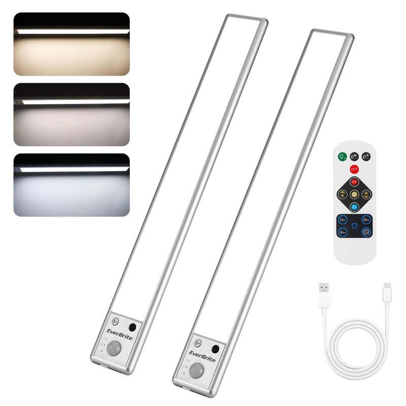 EverBrite Under Cabinet Kitchen Lights with Remote Control, 78 LED Motion Sensor Light Indoor, 3 Color Wireless Lights, 2200mAh Rechargeable Light for Kitchen, Cupboard, Wardrobe, Stair, 2 Pack