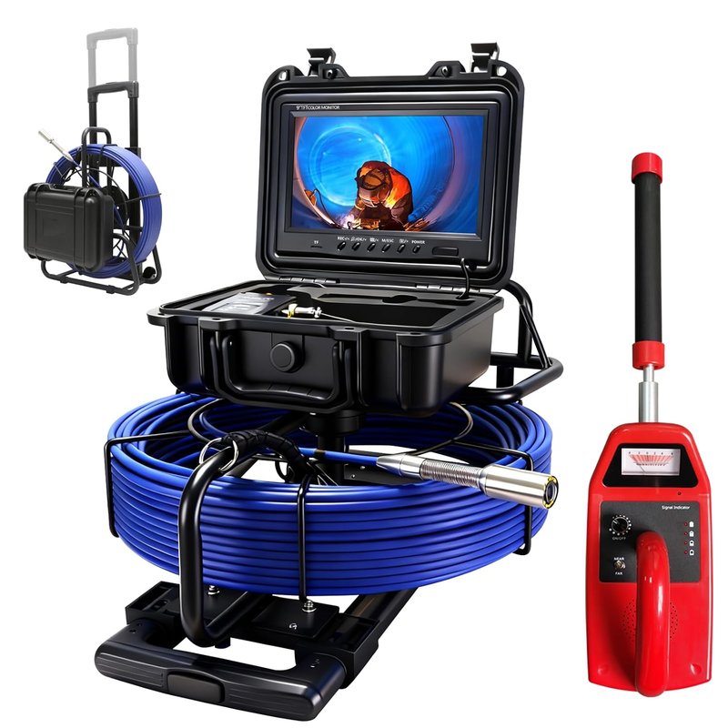 Gatebig Drain Camera with Locator 50M, Pull Handle & 7MM Cable, 9'' IPS Drainage Inspection Camera with DVR,IP68 Plumbing Snake with 12 Adjustable Lights for Home,Duct Drain Pipe