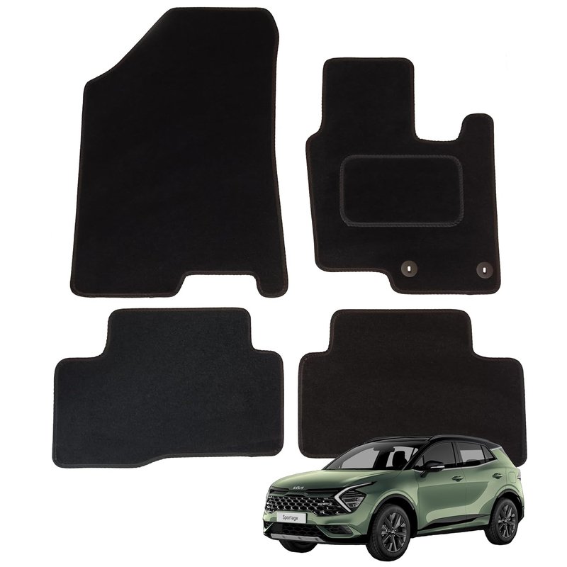 Tailored Car Mats for Kia Sportage 2021-2025 (5th Gen) Hybrid, Set of 4 Floor Mats, Black with Black Trim with 2 Safety Clips