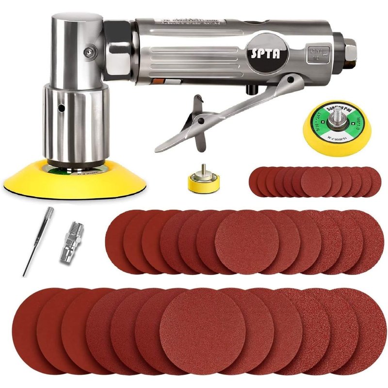 Mini Air Sander, SPTA 25mm/50mm/80mm mini air Grinder Sets, Random Air Orbital Sander Car Polisher Sets, with 36 Mixed Grit Sanding Disc Pads 3 Backing Plate for Sanding and Polishing-ASOSS3SET