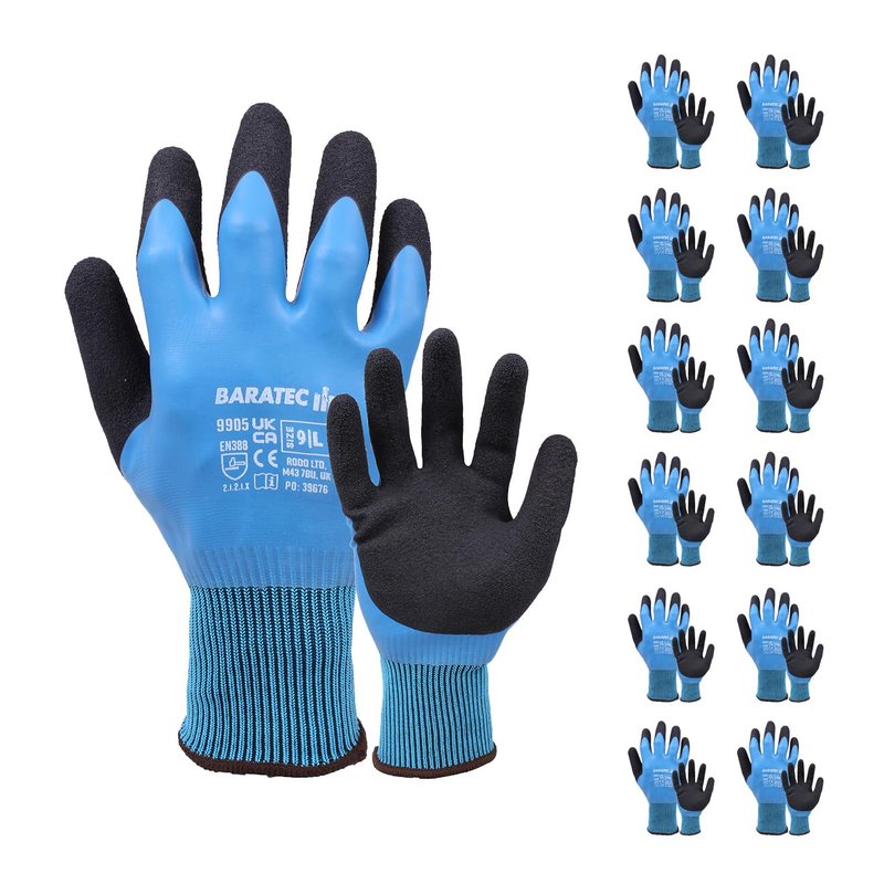 Baratec 12 Pairs of Waterproof Latex Safety Gloves - Perfect Waterproof Work Gloves Large for Men & Women, Ideal for Gardening and Work Safety - Ensuring Maximum Protection - Size 9