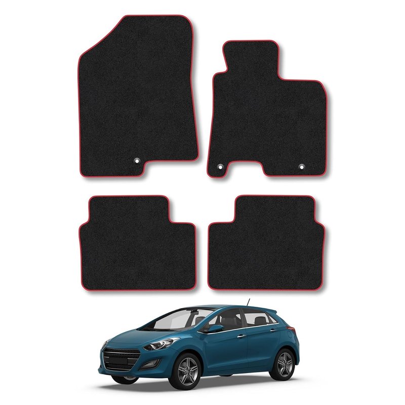 Hyundai i30 (2012-2017) Car Mats Accessories Tailored Fit Carpet Floor Mats Non Slip Red Trim Accessory Compatible Front Rear Set Anti Slip Backing Custom Fit Hand-Finished Full Coverage Clips
