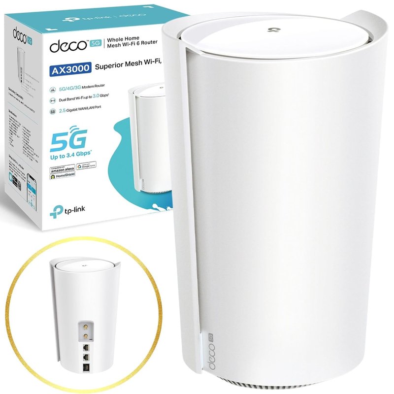 TP-Link Deco X50-5G AX3000Mbps Whole Home Wi-Fi 6 5G Router With Sim Slot, 5G/4G+Cat 6 Mesh WiFi Router, 2.5G Port For Ultra-Fast Speed, 230 m2 Seamless Coverage, Works with Alexa, HomeShield