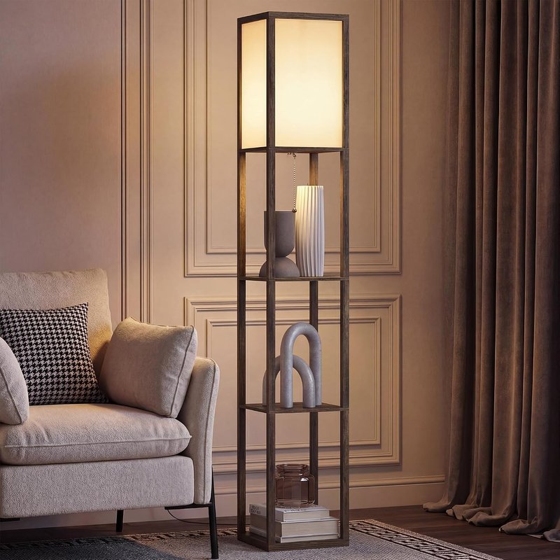 HOMCOM 3-Tier Floor Lamp with Shelves and Storage, Modern Corner Standing Lamp with Lampshade, Reading Light with Foot Switch for Living Room, Bedroom, Home Office, Bulb not Included, Brown