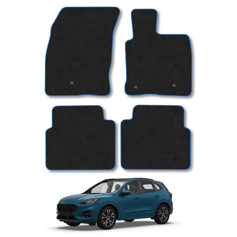 Ford Kuga (2020+) Car Mats Accessories Tailored Fit Carpet Floor Mats Non Slip Blue Trim Full Coverage Compatible Accessory Granulated Backing Front Rear Set Anti Slip Hand-Finished Clips