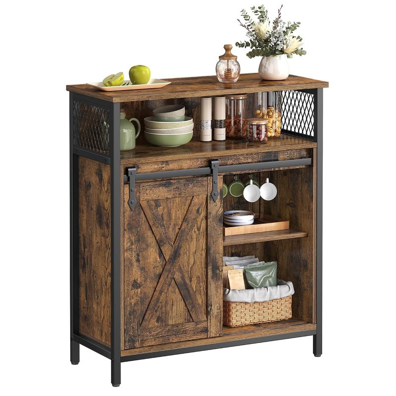 VASAGLE Sideboard, Kitchen Cabinet, Organiser, with a Sliding Door, 30 x 70 x 80 cm, Adjustable Shelves Country, for Living Room, Vintage Brown and Ink Black LSC089B01