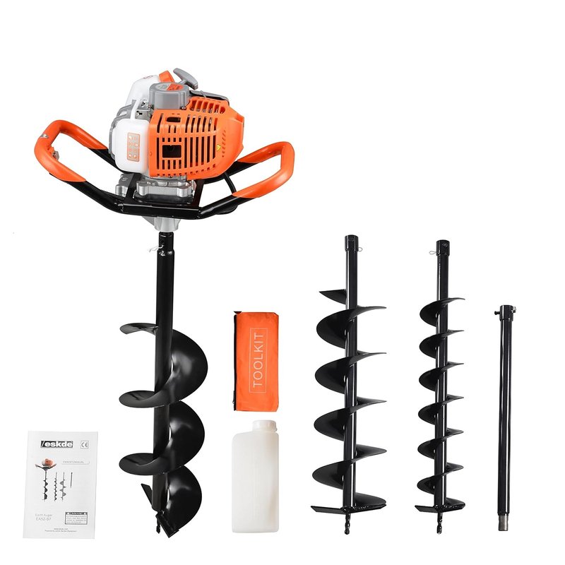 eSkde Petrol Auger Post Hole Digger - 52cc Fence Post Digger Tool for Tree Planting, Poles and Shrubs, Earth Auger Hole Borer with 3 Drill Attachments 100mm, 150mm, 200mm and Extension Pole