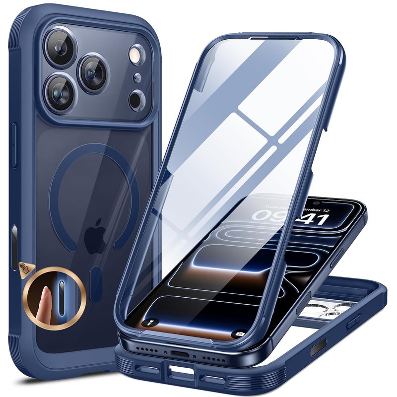 Miracase Magnetic Case for iPhone 17 Pro Case 6.3",Full Body Bumper, Built-in [Bubble Free] Glass Screen Protector+ Camera Area Protection,Compatible with MagSafe,Drop Proof 17 Pro Phone Case (Blue)