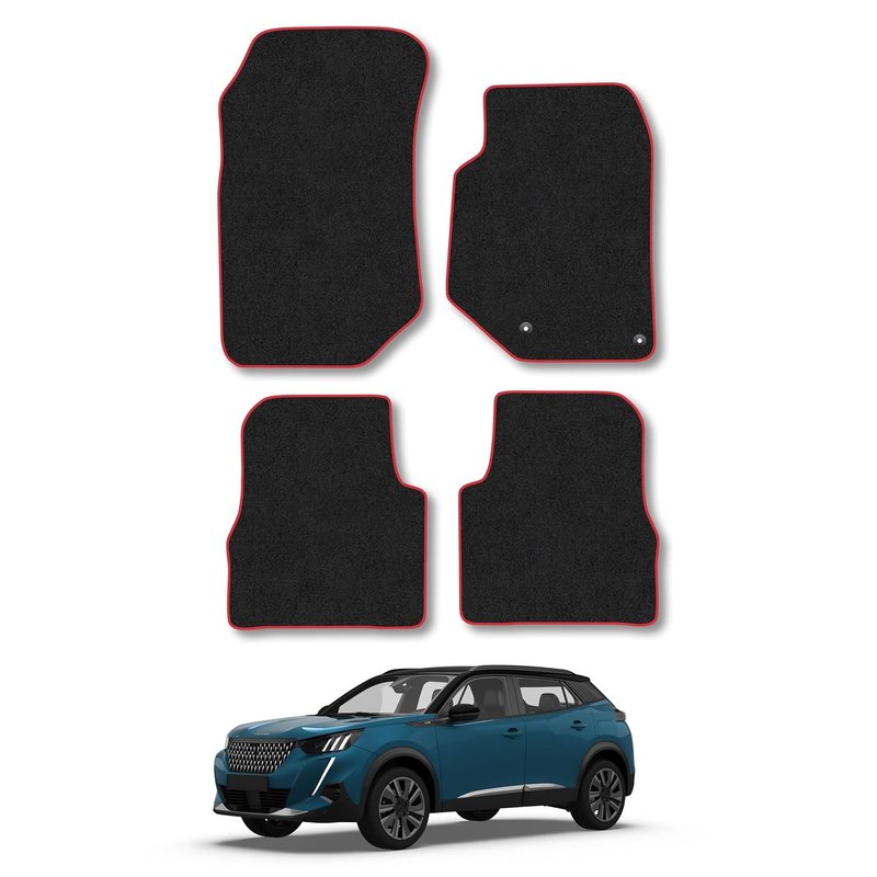Peugeot 2008 (2020+) [NOT EV] Car Mats Accessories Tailored Fit Carpet Floor Mats Non Slip Red Trim Accessory Compatible Front Rear Set Anti Slip Backing Custom Fit Hand-Finished Full Coverage Clips