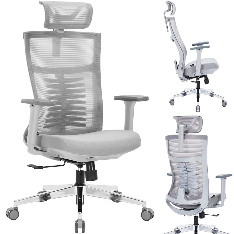 Nyxi Office Chair Premium Ergonomic Foam Seat for Work, Computer Desk and Study Chair, Executive, 3D Armrests, Headrest & Lumbar Support, 3-Angle Locking, Metal Base (Foam Seat, Grey, Model 805)