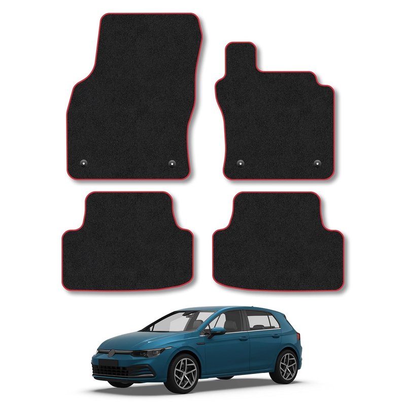 Car Mats Compatible with VW Golf MK8 (2019+) Red Trim Carpet Tailored Fit Car Floor Mats Set Accessory Custom Fit Water-Resistant Anti Slip Backing All Weather Full Coverage With Clips Hand-Finished