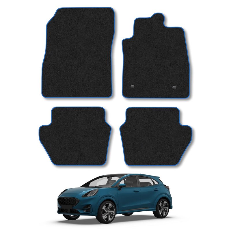 Ford Puma (2019+) Car Mats Accessories Tailored Fit Carpet Floor Mats Non Slip Blue Trim Full Coverage Compatible Accessory Granulated Backing Front Rear Set Anti Slip Hand-Finished Clips