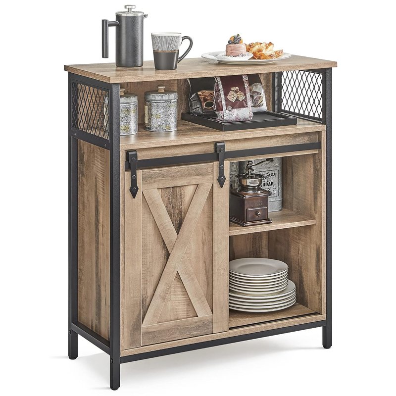 VASAGLE Sideboard, Storage Cabinet, Kitchen Cupboard with Sliding Barn Door, 30 x 70 x 80 cm, Adjustable Shelf, Open Compartment, Rustic Style, for Living Room, Toasted Oak Colour and Black LSC089B50