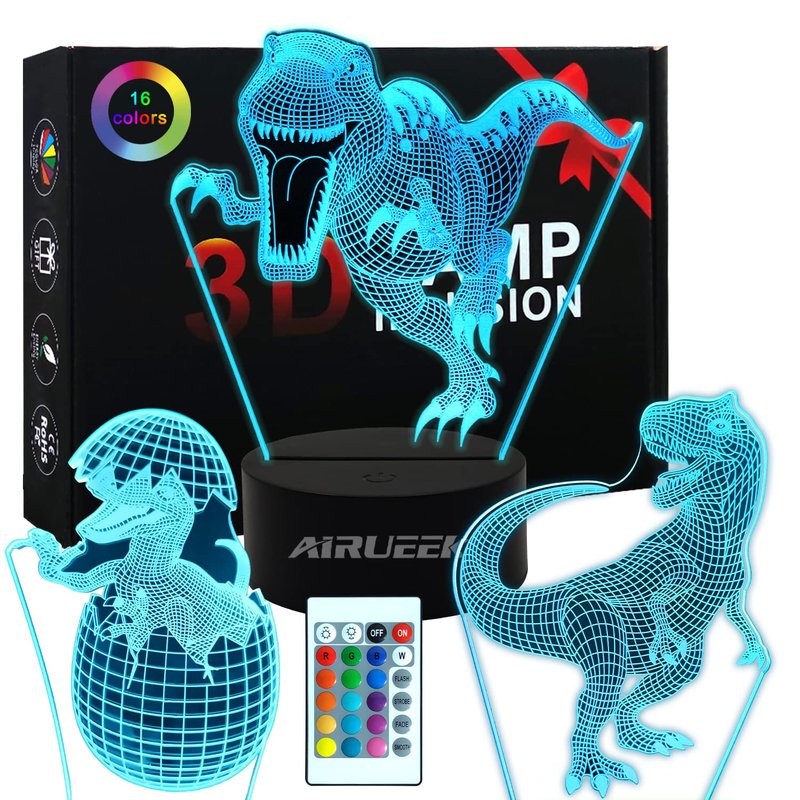 AIRUEEK Dinosaur Toys for Boys, 3D Night Light 3 Patterns Dinosaurs and 16 Colors Change with Remote Control for Boys Girls Best Christening Birthday Christmas Gifts