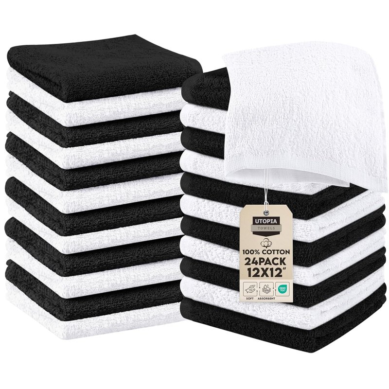Utopia Towels Cotton Washcloths Set - Pack of 24-100% Ring Spun Cotton, Premium Quality Flannel Face Cloths, Highly Absorbent and Soft Feel Fingertip Towels (24 Pack, Black, White)