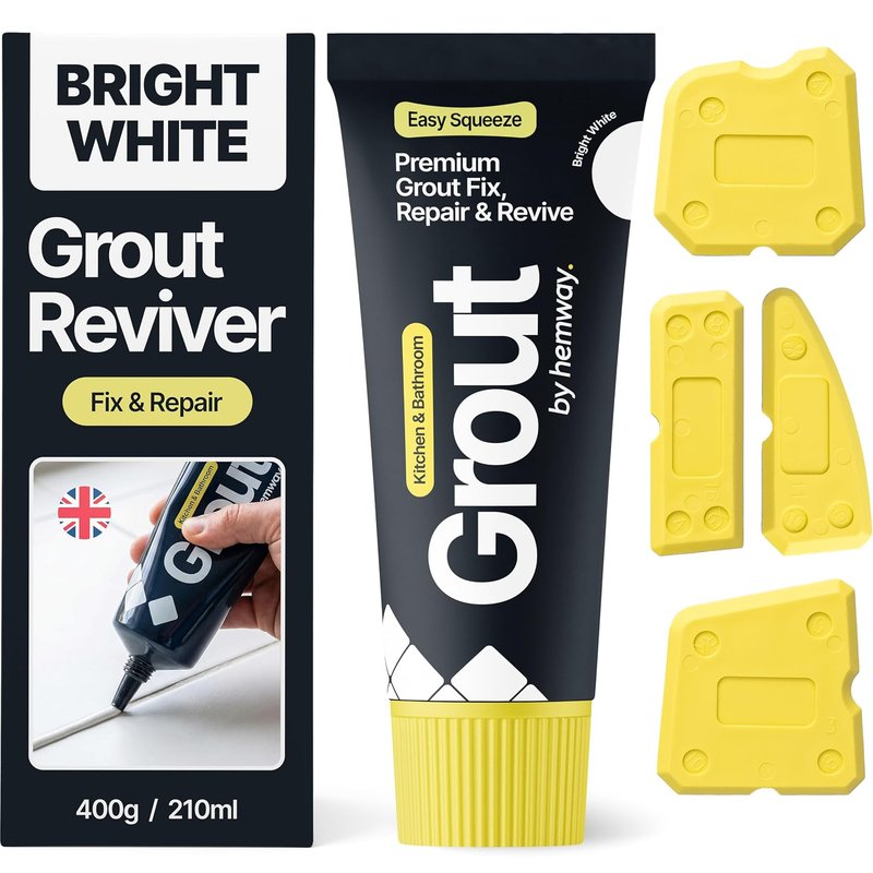 Hemway Bright White Grout Reviver Kit | Ready Mixed Grout Repair 400g / 210ml with 4 Piece Profiling Tool Kit | Wall & Floor Tile Adhesive, Kitchen Bathroom Shower, Anti-Mould, Fast Drying