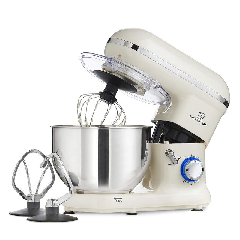 MisterChef PRO Electric Kitchen Food Stand Mixer, Big Bowl, Eggbeater, Dough Hook & Stainless Steel Whisk 5.5L Stainless Steel Bowl, Cream