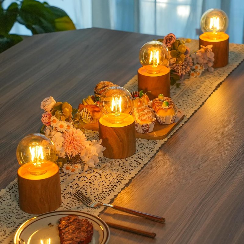 JHY DESIGN Set of 4 Wood Grain Table Lamp 16.5cm Tall Ceramic Cordless Light with Edisonstyle Bulb and 6 Hours Timer Battery Operated Lantern Great for Living Room Weddings Parties Indoors Outdoors