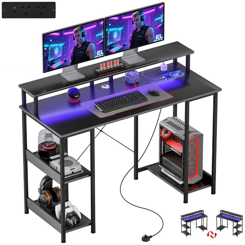HOMCOM Computer Desk with Power Outlets and LED Lights, 120 x 50cm Reversible Home Office Desk with Monitor Stand and 2-Tier Storage Shelves, PC Table with Cable Management, Carbon Fibre Grey