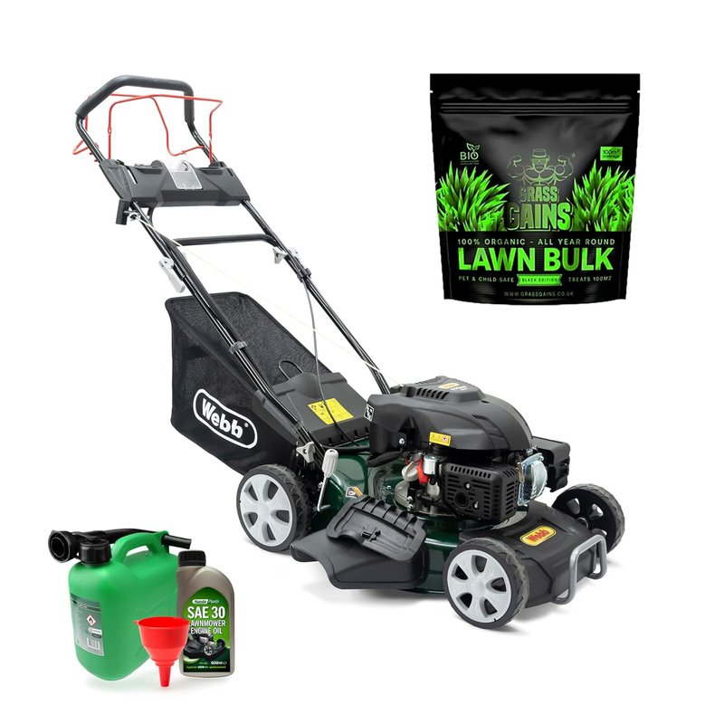 Webb WER460ES 18"/46cm Self Propelled Rotary Petrol Lawnmower, Starter Bundle Grass Gain Lawn Bulk,