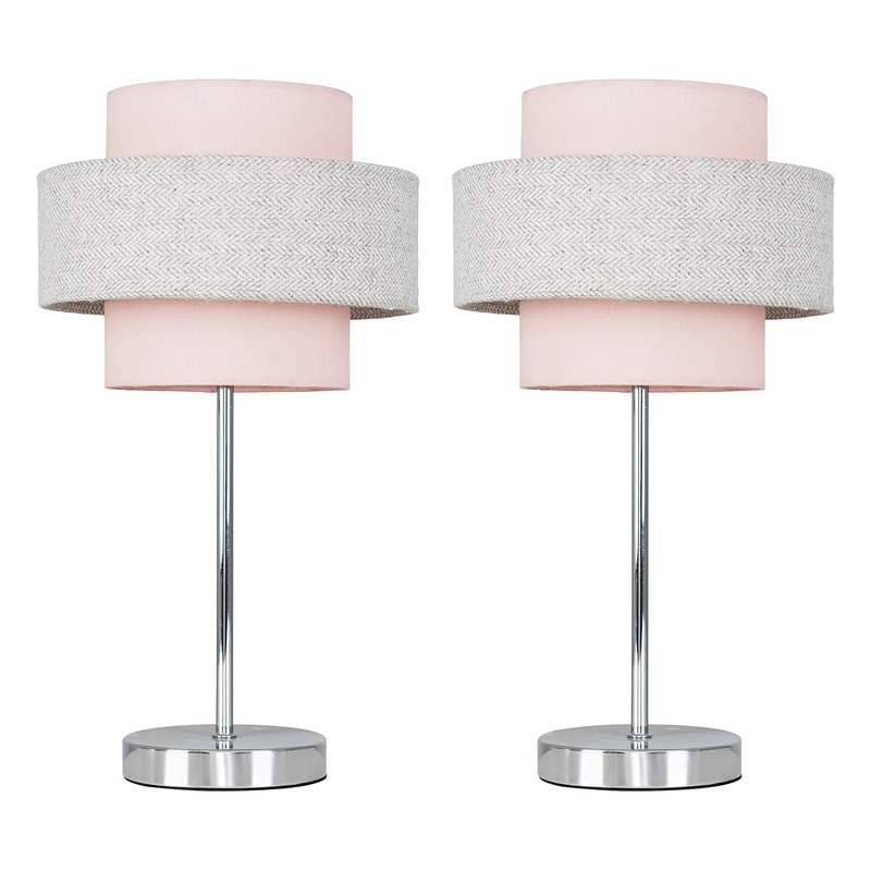 MiniSun | Modern Polished Chrome Touch Table Lamps with a Pink and Grey Herringbone Shade | Table Lamps, Home Décor & Improvement Essential | Set of 2 | Includes 5W LED Bulbs [3000K Warm White]