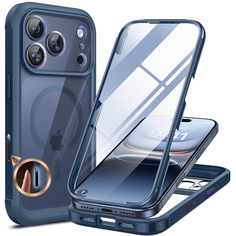Miracase Magnetic Case for iPhone 17 Pro Max Case 6.9", [Camera Control Capture Button] Built-in Glass Screen Protector, Compatible with MagSafe, Full Body Bumper Clear Back Cover (Dark Blue)