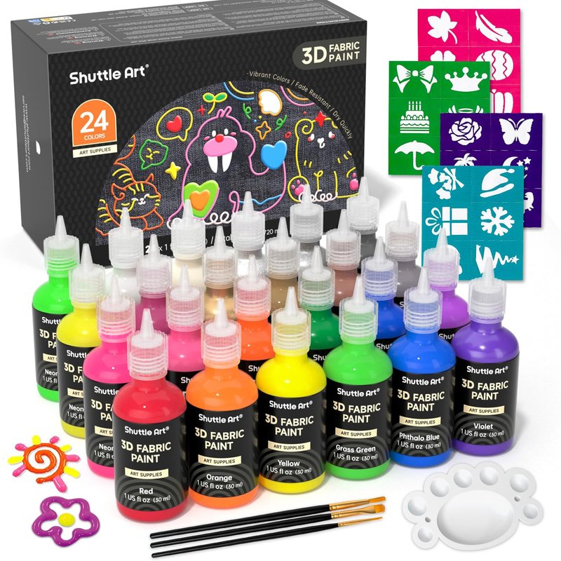Shuttle Art 3D Fabric Paint Permanent for Clothes, 24 Colours Permanent Paint with Brushes Palette Fabric Sheet Stencils, Glow in The Dark, Glitter, Metallic Colour for Textile T-shirt Jeans Glass