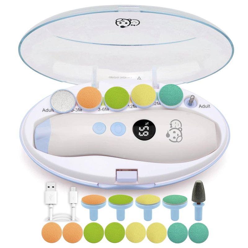 Rechargeable 22 in 1 Baby Nail Trimmer, Usage Labeled Case, 13 Extra Replacement Tools, Royal Angels Electric Nail File with LCD display, Newborn Toddler Nail Care Clipper Kit (Rechargeable,WhiteBlue)