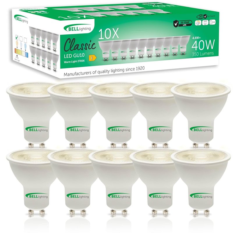 BELL Lighting GU10 Dimmable LED Spotlight Bulbs 10 Pack | Warm White 2700K | 350lm 4.4W | Energy Saving Lightbulbs | 40W Equivalent | 38 Degree Beam | Two Pin Twist Lock | Ceiling Kitchen Downlights