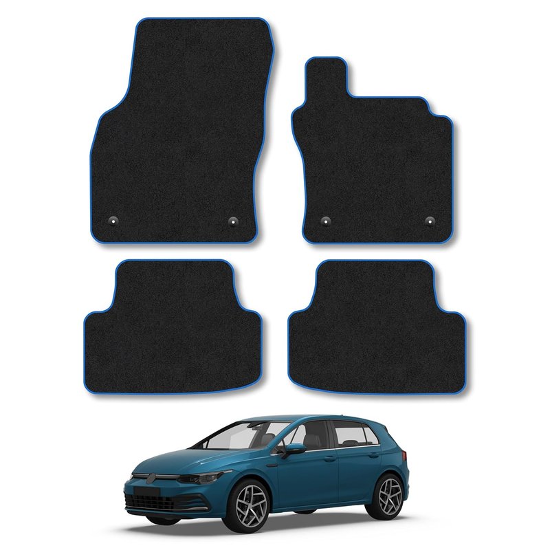 Car Mats Compatible with VW Golf MK8 (2019+) Blue Trim Carpet Tailored Fit Car Floor Mats Set Accessory Custom Fit Water-Resistant Anti Slip Backing All Weather Full Coverage With Clips Hand-Finished