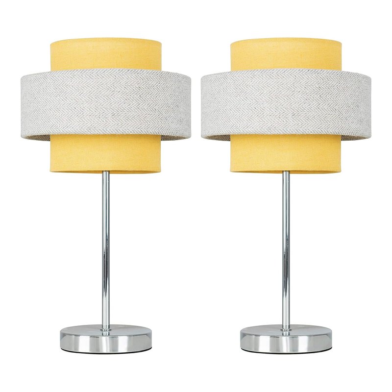 MiniSun | Modern Polished Chrome Touch Table Lamps with a Mustard and Grey Herringbone Shade | Table Lamps, Home Décor & Improvement Essential | Set of 2 | Includes 5W LED Bulbs [3000K Warm White]