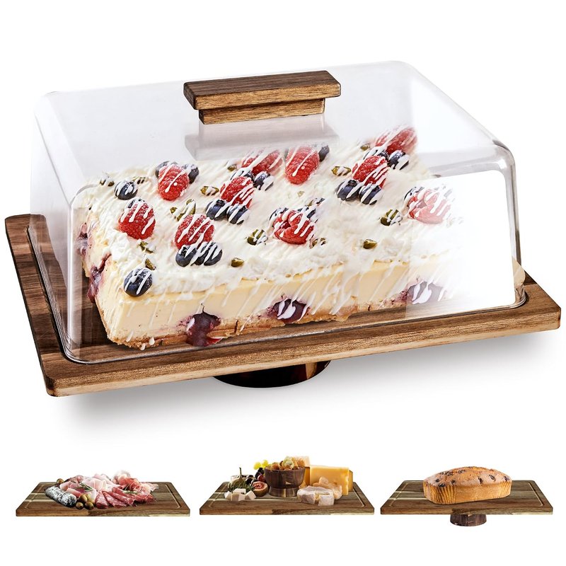 NWK 3-in-1 Cake Stand with Lid Rustic Acacia Wooden Cake Plate with Pedestal, Food serving Platter, Cheese Board, Acrylic Cover Shatterproof (Rectangular)