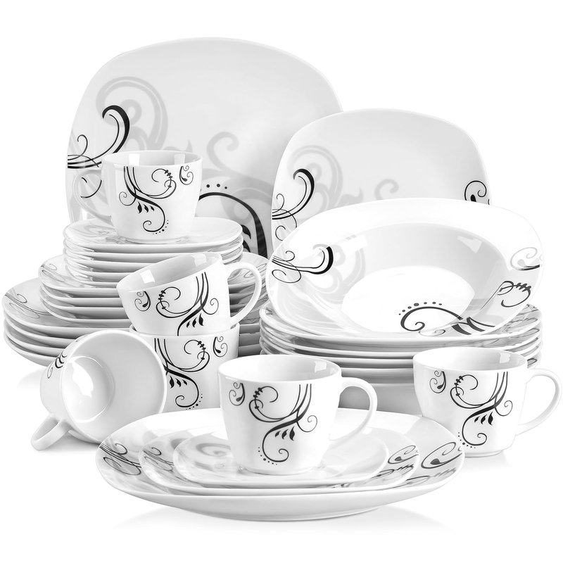 VEWEET 'Zoey' 30-Piece Dinner Set Ivory White Black Decals Porcelain Combination Sets with Cup & Saucer Set, Stoneware Plate Sets Service for 6, Dishwasher & Microwave Safe