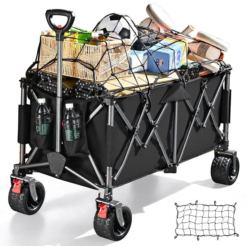 260L Festival Trolley on Wheels, Large Folding Wagon, Portable Heavy Duty Camping Cart, Heavy Duty Camping Trolley Foldable for Beach Outdoor Garden Shopping Fishing, Ultra Wide Wheels, Upgrade Black