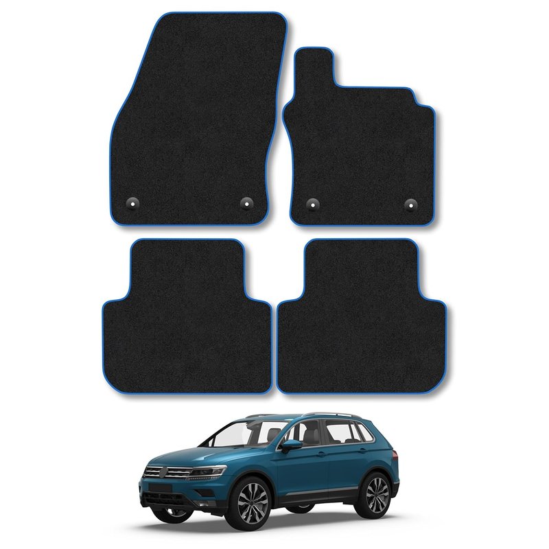 VW Tiguan (2016-2024) Car Mats Accessories Tailored Fit Carpet Floor Mats Non Slip Blue Trim Full Coverage Compatible Accessory Granulated Backing Front Rear Set Anti Slip Hand-Finished Clips