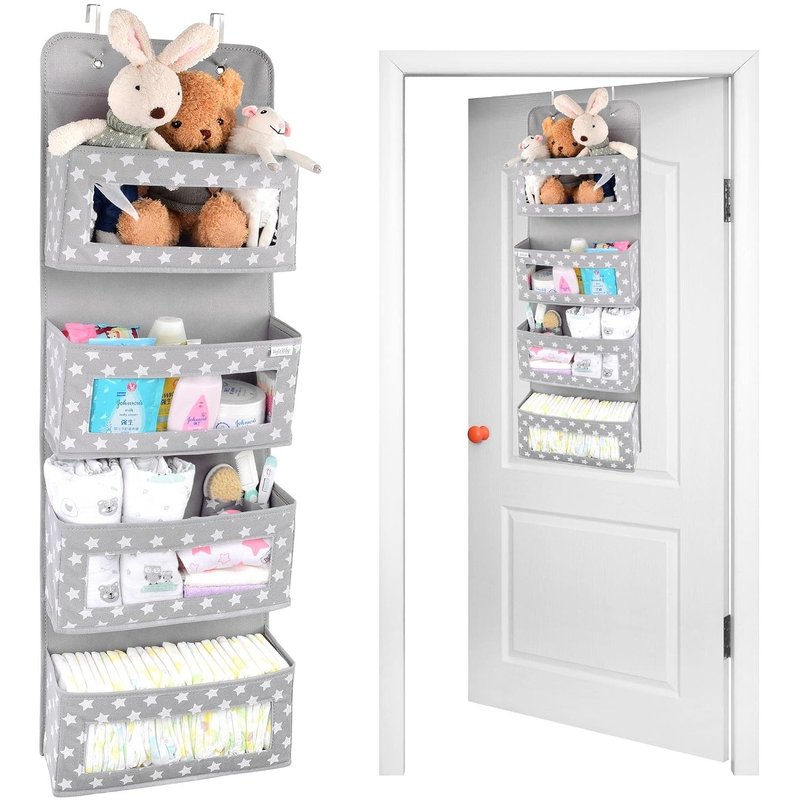 Vesta Baby Over Door Hanging Organiser with Hooks - Unisex Space Saving 4 Pocket Storage for Bathroom, Children's Room, Nursery - Clear Window Caddy Hanger - 2 Small Items Utility Pockets