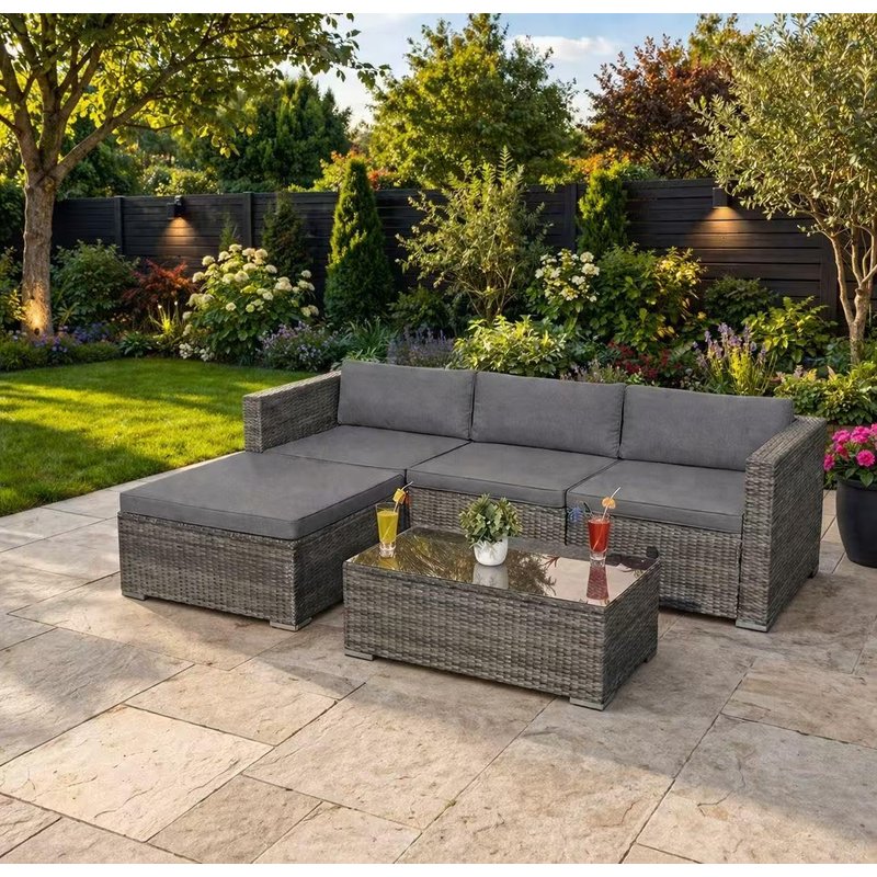 SANA SLEEP Garden Corner Sofa Rattan Furniture Set 5 Piece 3 Seater Patio Outdoor Lounge Settee with Glass Coffee Table All Weather Outdoor