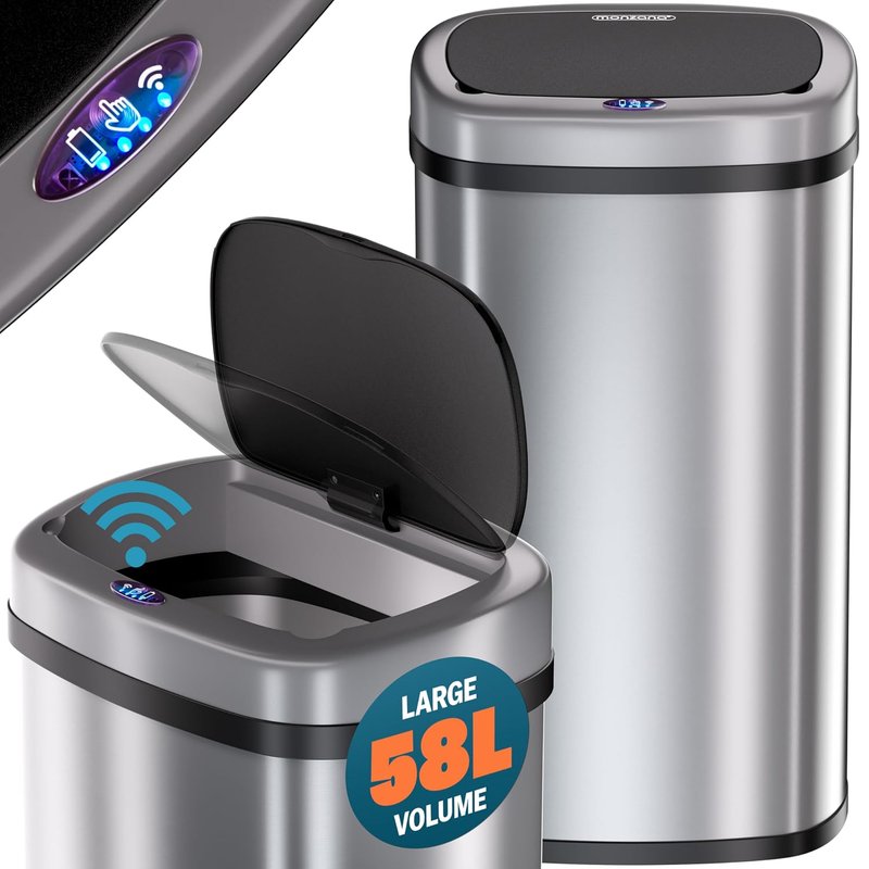 Monzana® 58 Litre Kitchen Bin with Automatic Opening Sensor Silver Rectangular Stainless Steel, Soft Close Lid for Kitchen, Bathroom, or as Nappy Bin, Recycling Dustbin and Waste Bins, Home