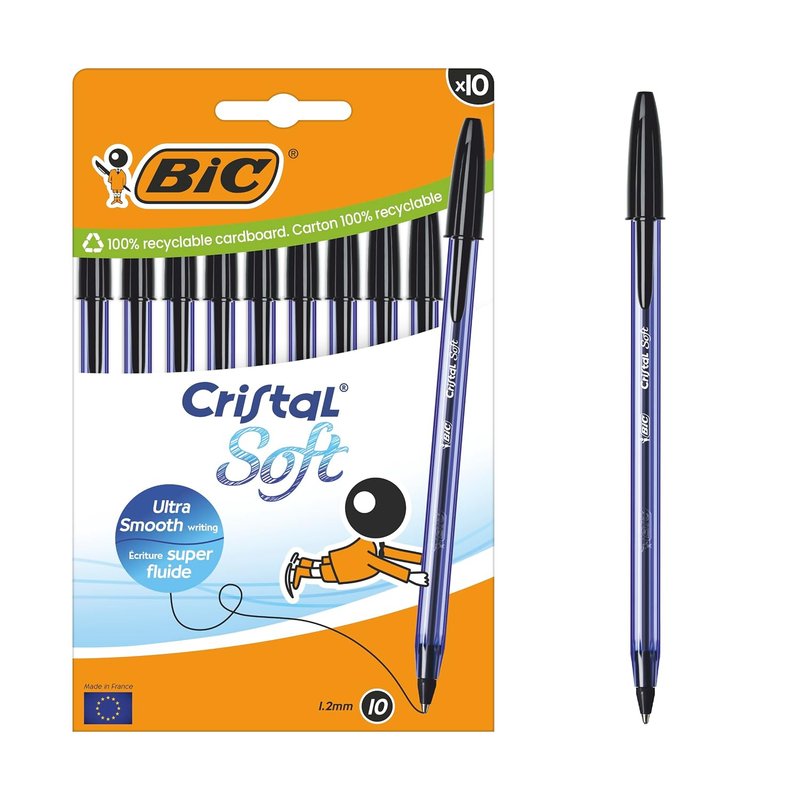 Bic Cristal Soft Ballpoint Pens – Smooth Easy-Glide Ink – Medium 1.2mm Tip – Comfortable Writing – Black – School & Office Supplies – Pack of 10